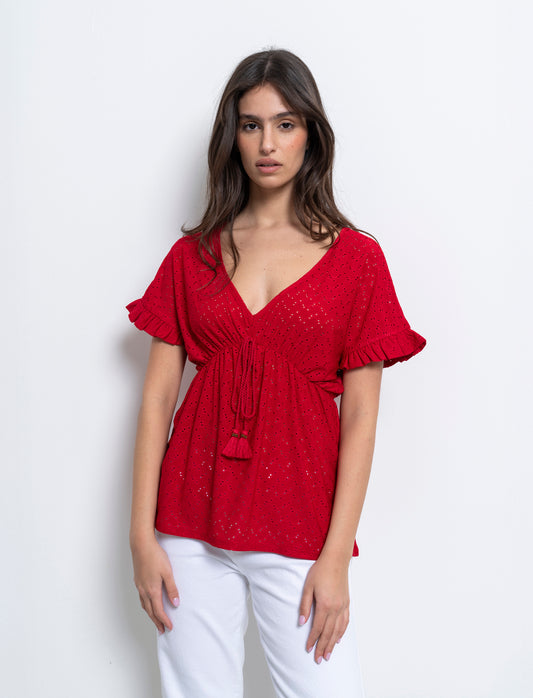 T-shirt in pizzo con elastico in vita da donna - Rosso scarlatto