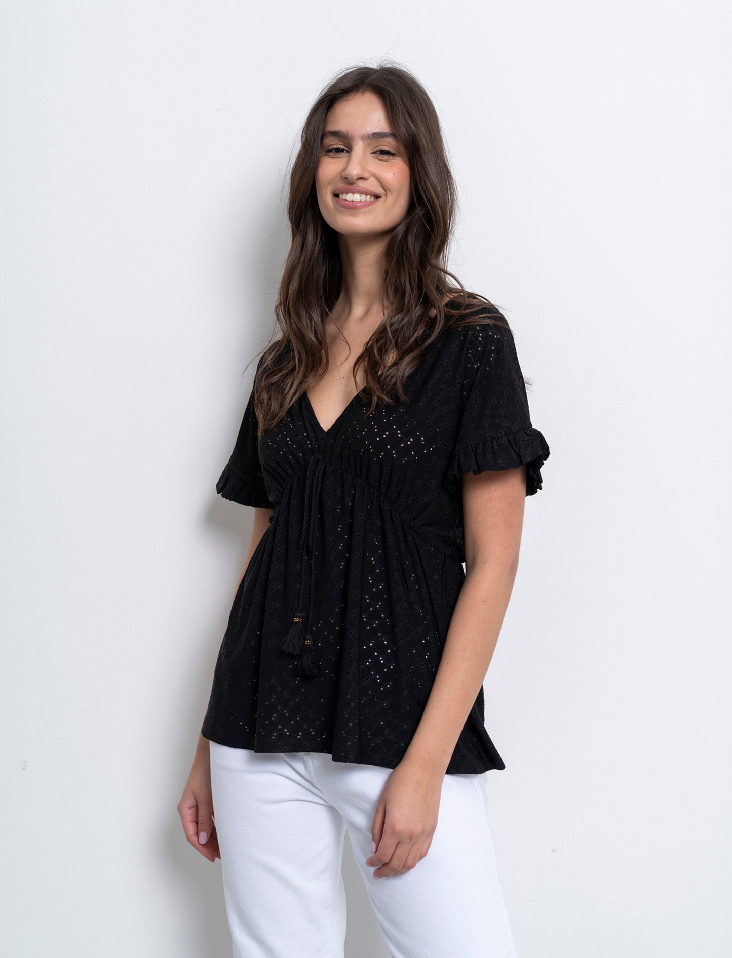 T-shirt in pizzo con elastico in vita da donna - Nero