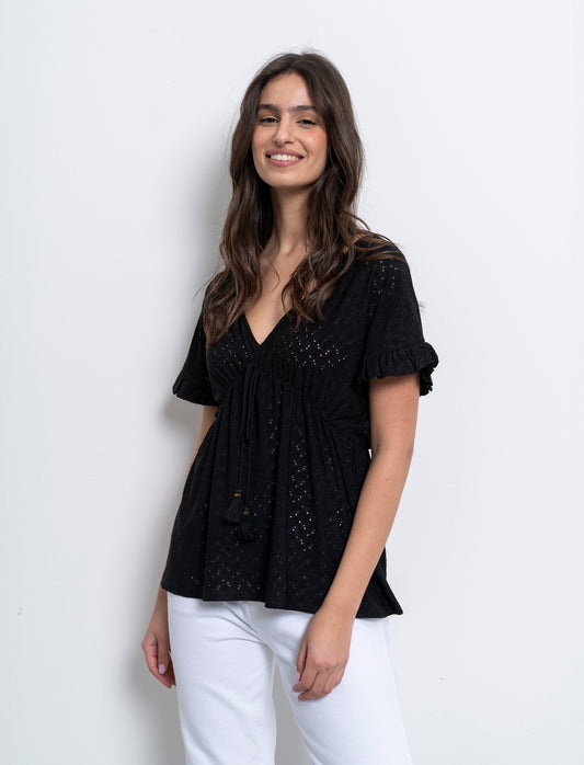 T-shirt in pizzo con elastico in vita da donna - Nero