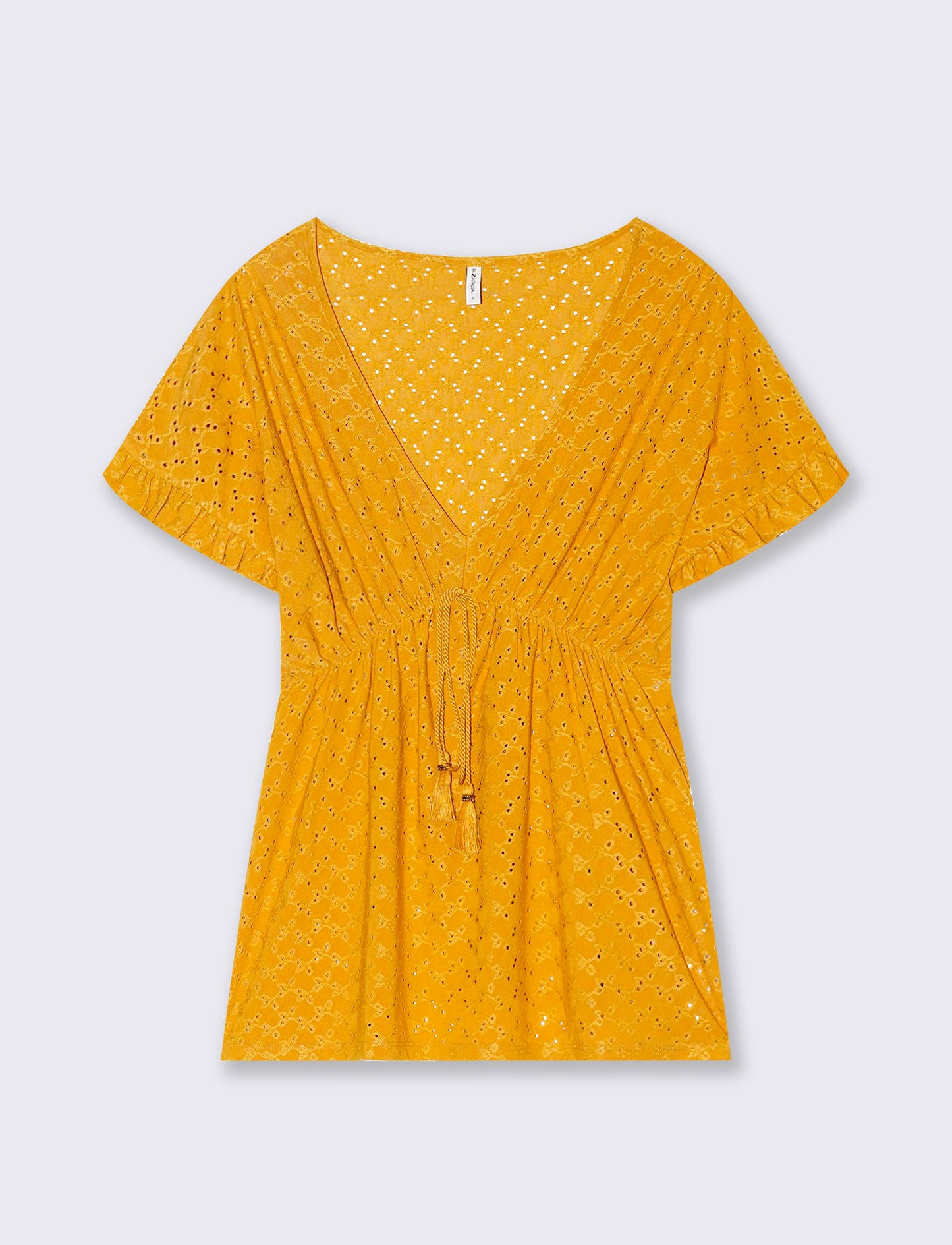 T-shirt in pizzo con elastico in vita da donna - Senape