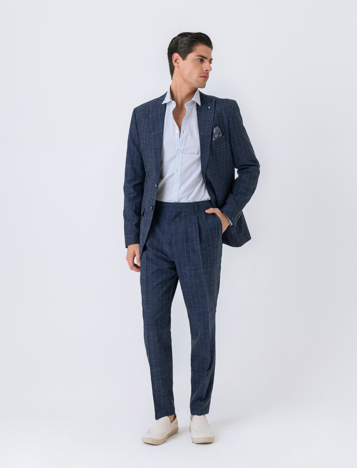 Pantaloni da completo gessato effetto slub da uomo - Blu melange