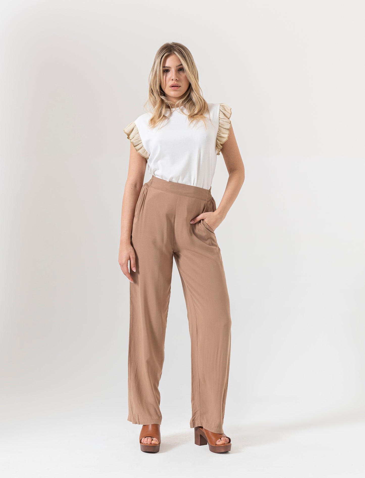 Pantalone con fusciacca in vita da donna - Caramello