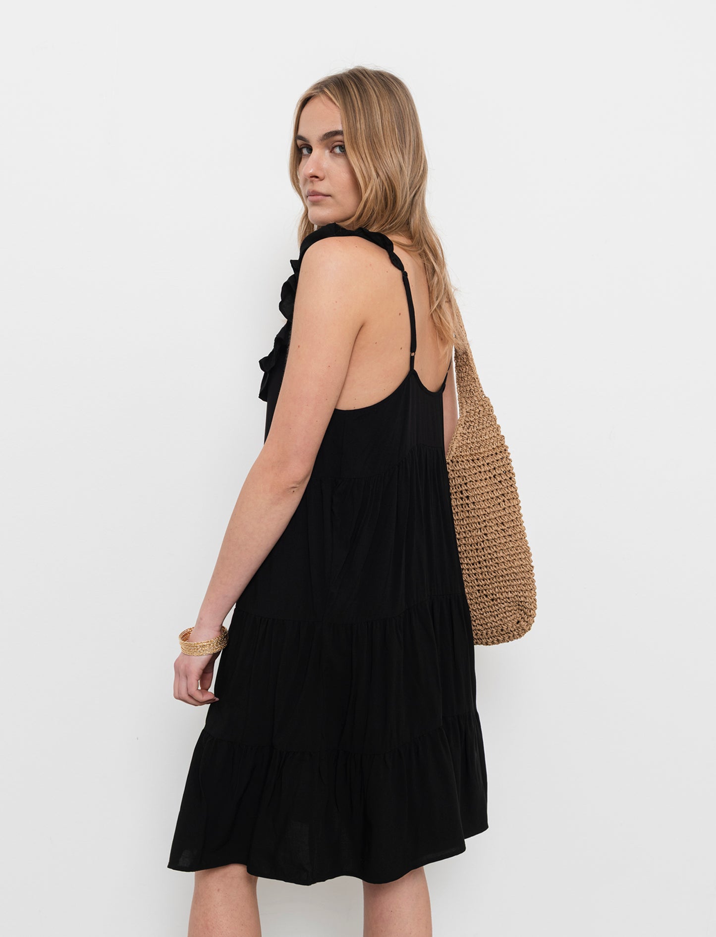 Vestito corto con rouches da donna - Nero