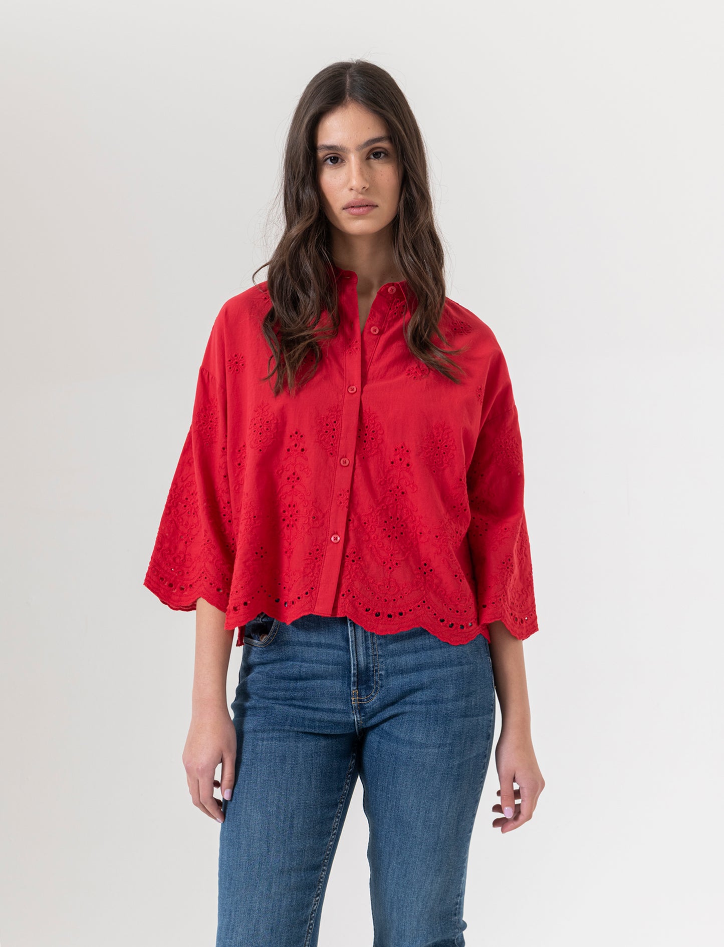 Camicia in pizzo da donna - Rosso scarlatto