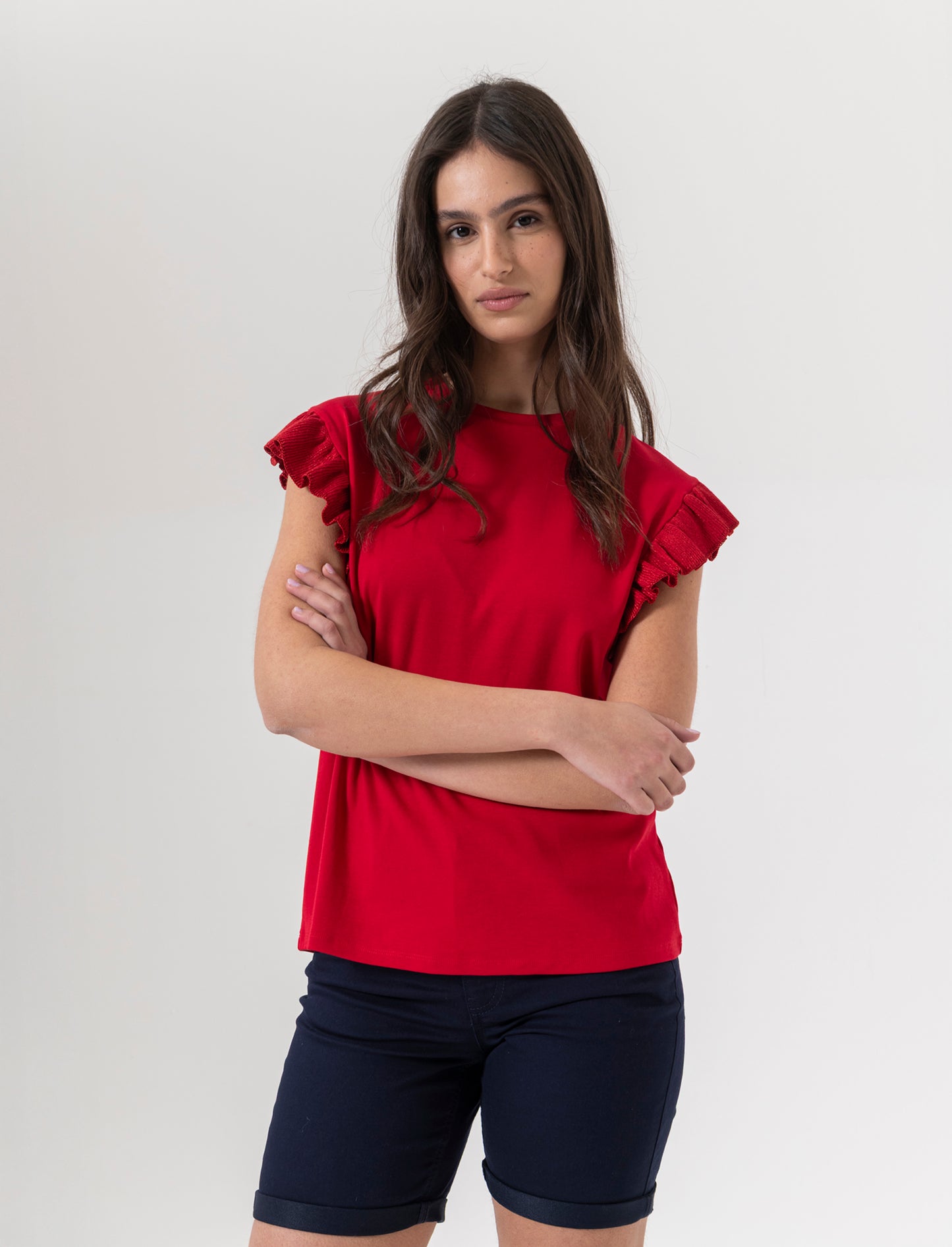 T-shirt con rouches da donna - Rosso scarlatto