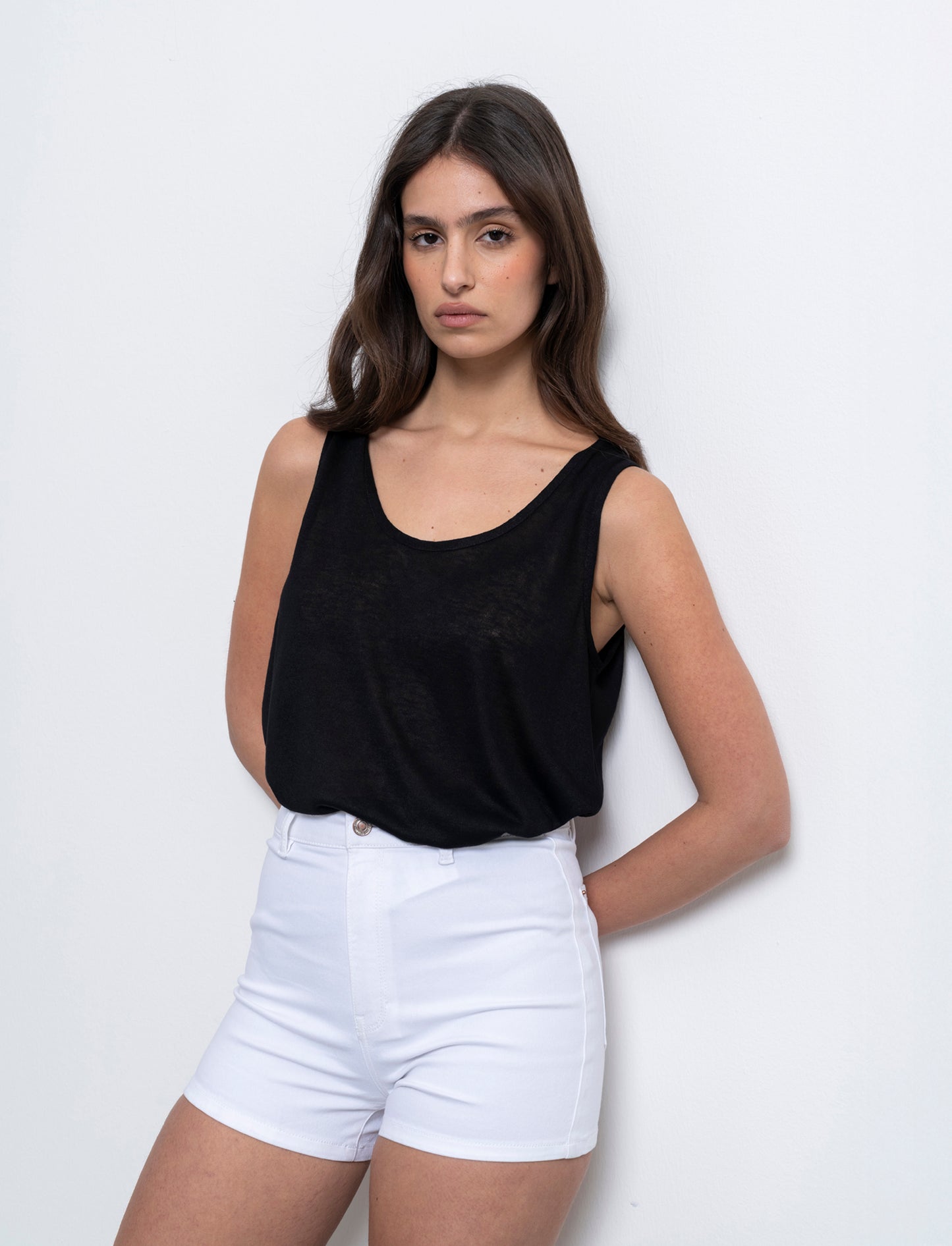 Top in tessuto effetto lino da donna - Nero