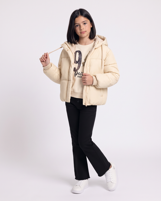 Giubbino imbottito da bambina con cappuccio - Bianco sporco