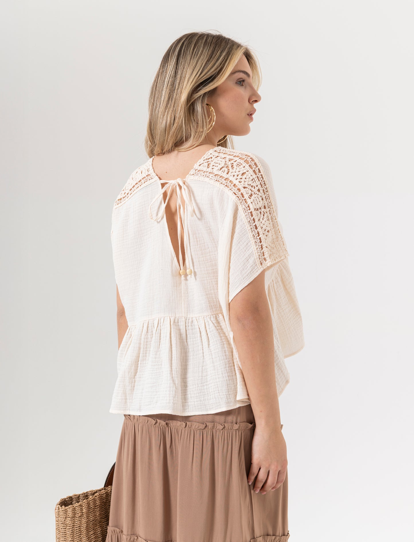 Top con inserto di pizzo da donna - Avorio