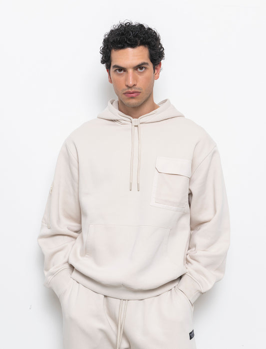 Felpa con stampe e cappuccio da uomo - Beige ecru