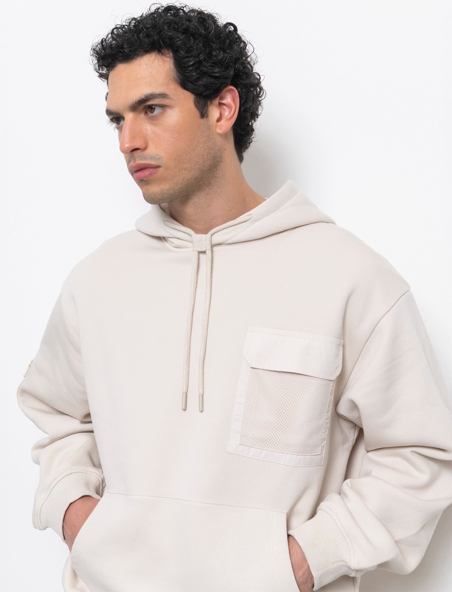 Felpa con stampe e cappuccio da uomo - Beige ecru