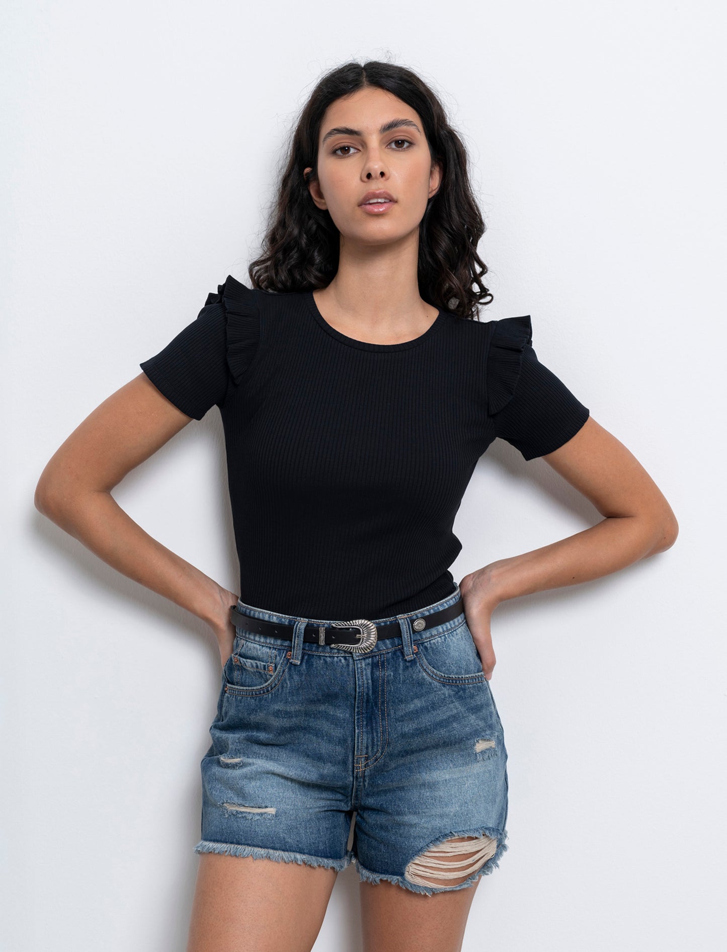 T-shirt a coste da donna - Nero