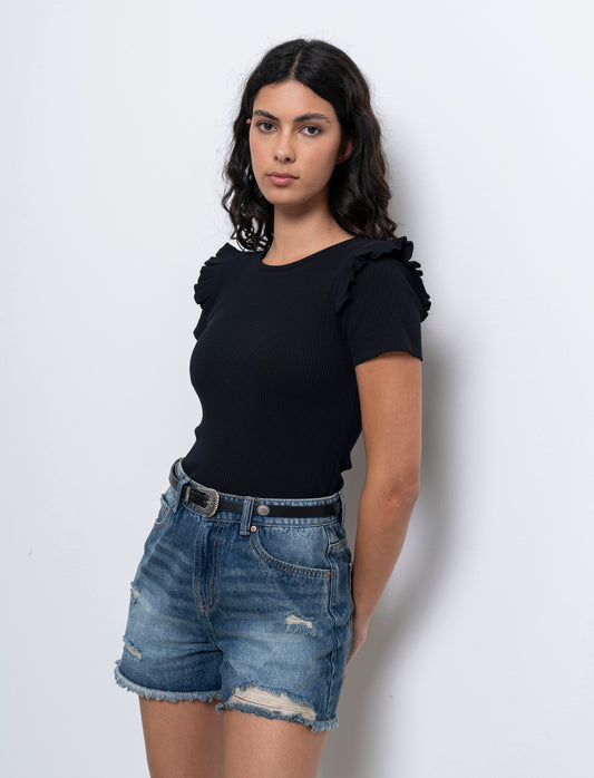 T-shirt a coste da donna - Nero