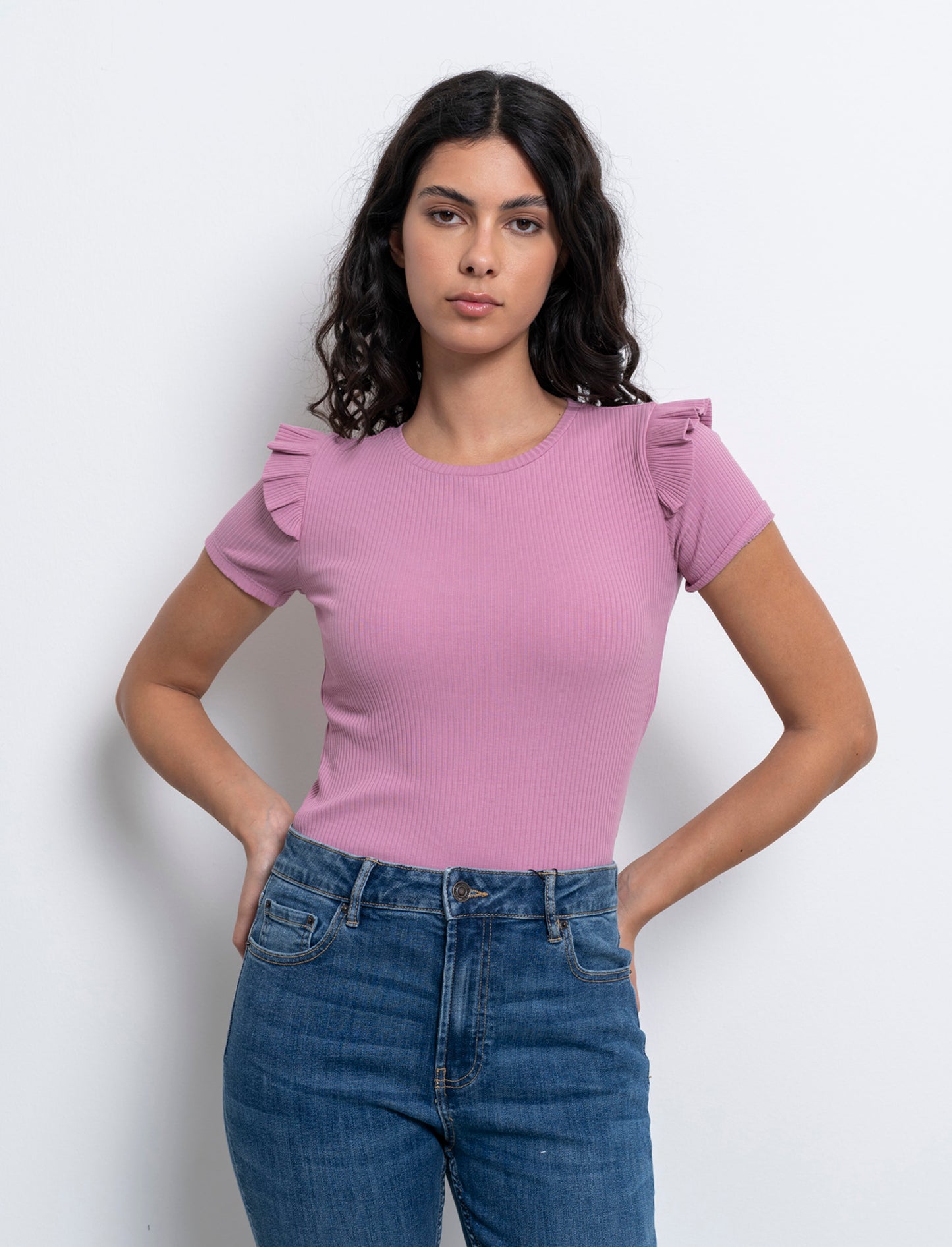 T-shirt a coste da donna - Rosa polvere