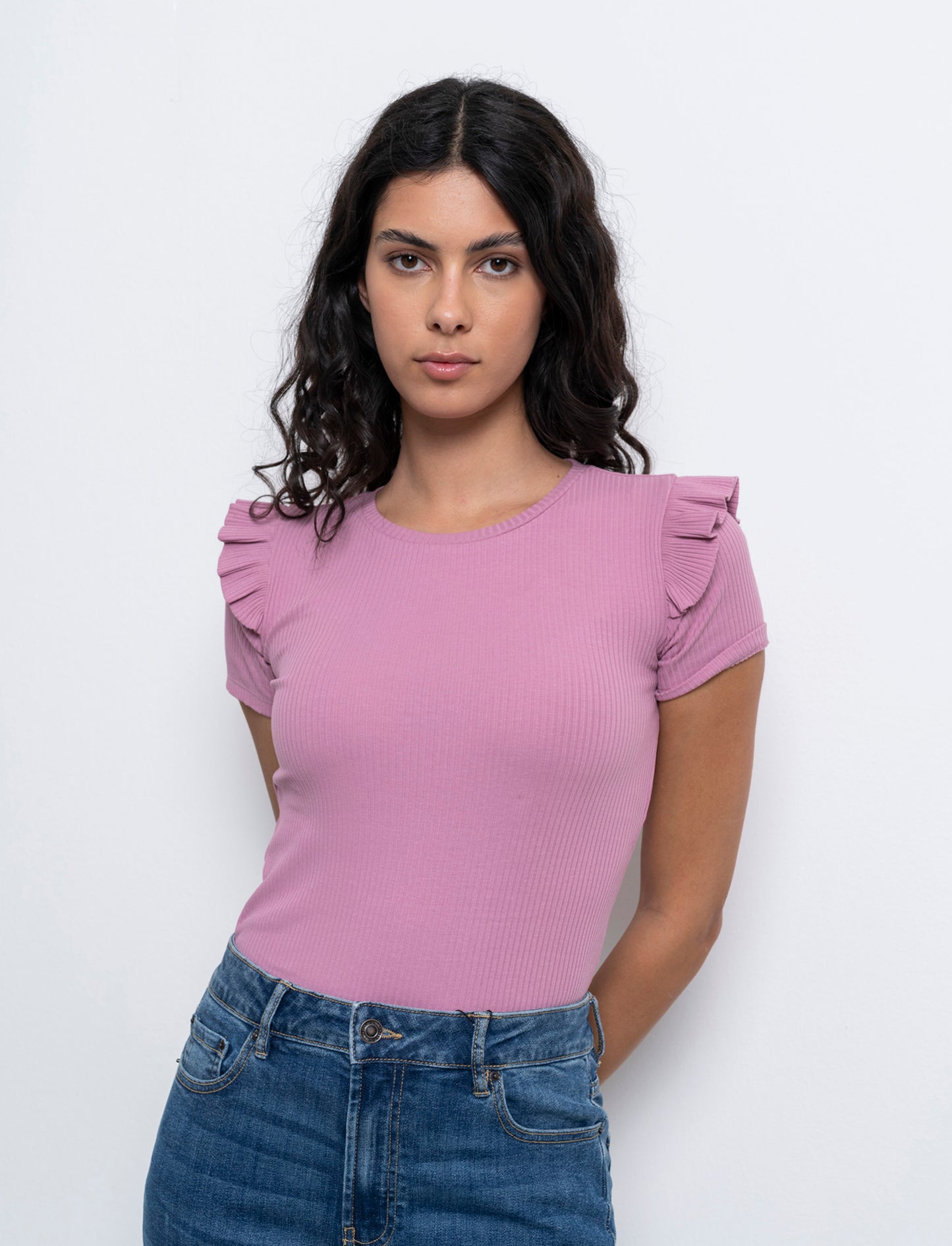 T-shirt a coste da donna - Rosa polvere