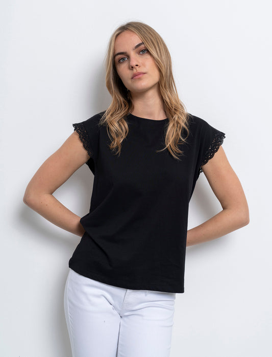 T-shirt con inserto in pizzo da donna - Nero