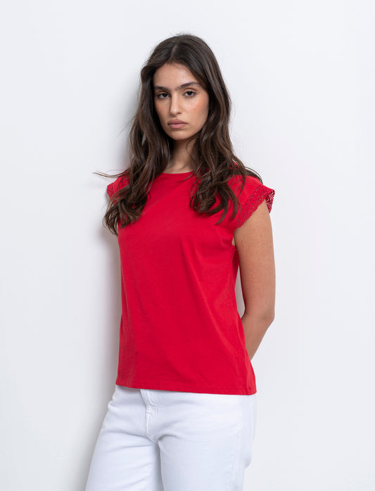 T-shirt con inserto in pizzo da donna - Rosso scarlatto