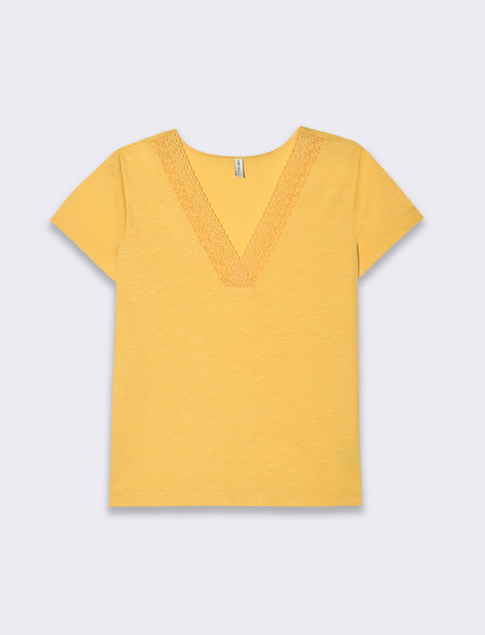 T-shirt con passamaneria sullo scollo da donna - Giallo limone