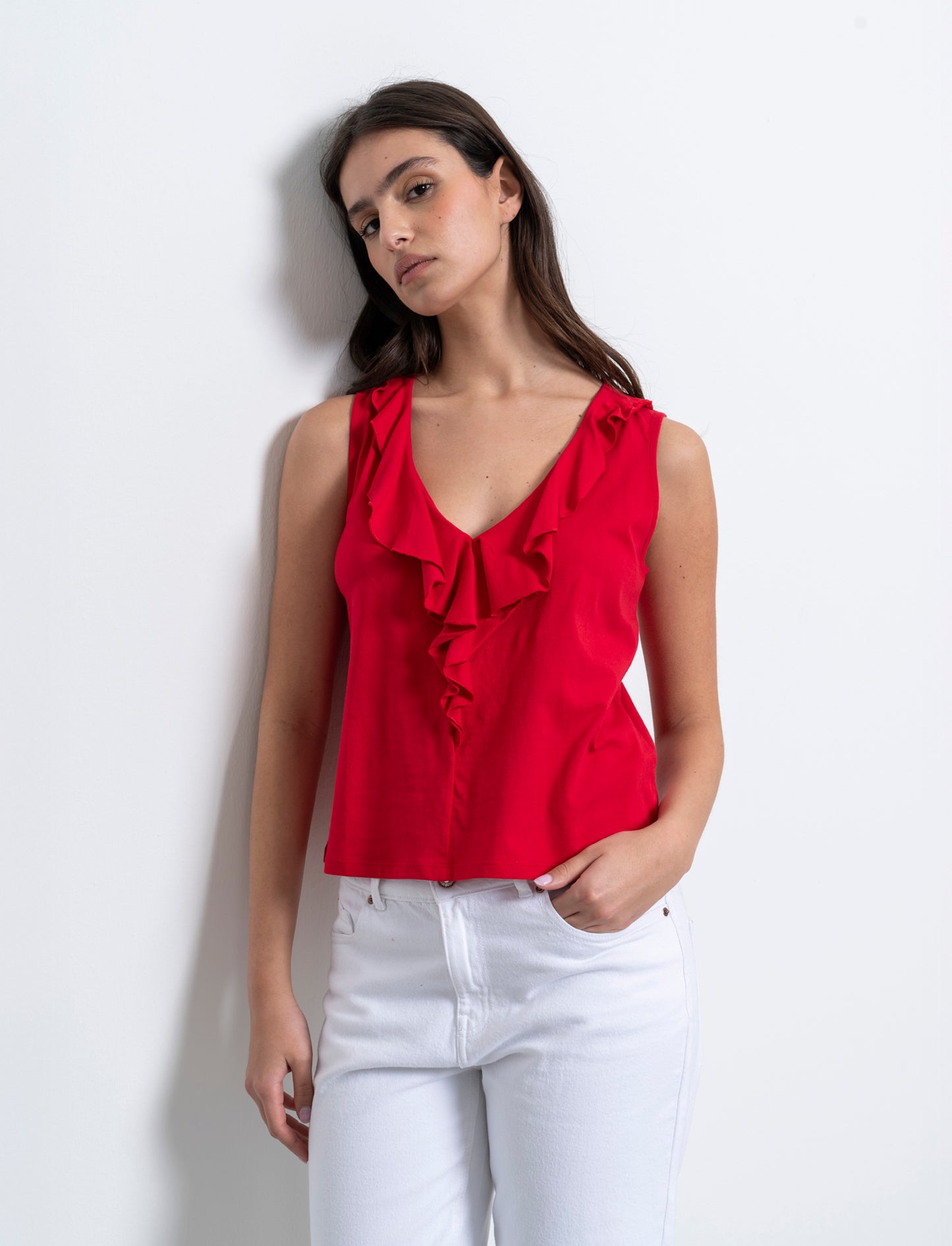 T-shirt con rouches da donna - Rosso scarlatto