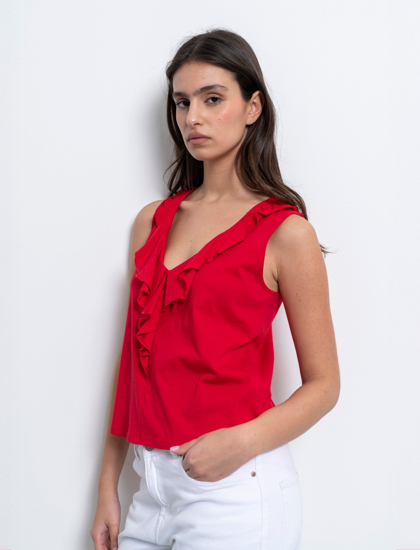 T-shirt con rouches da donna - Rosso scarlatto