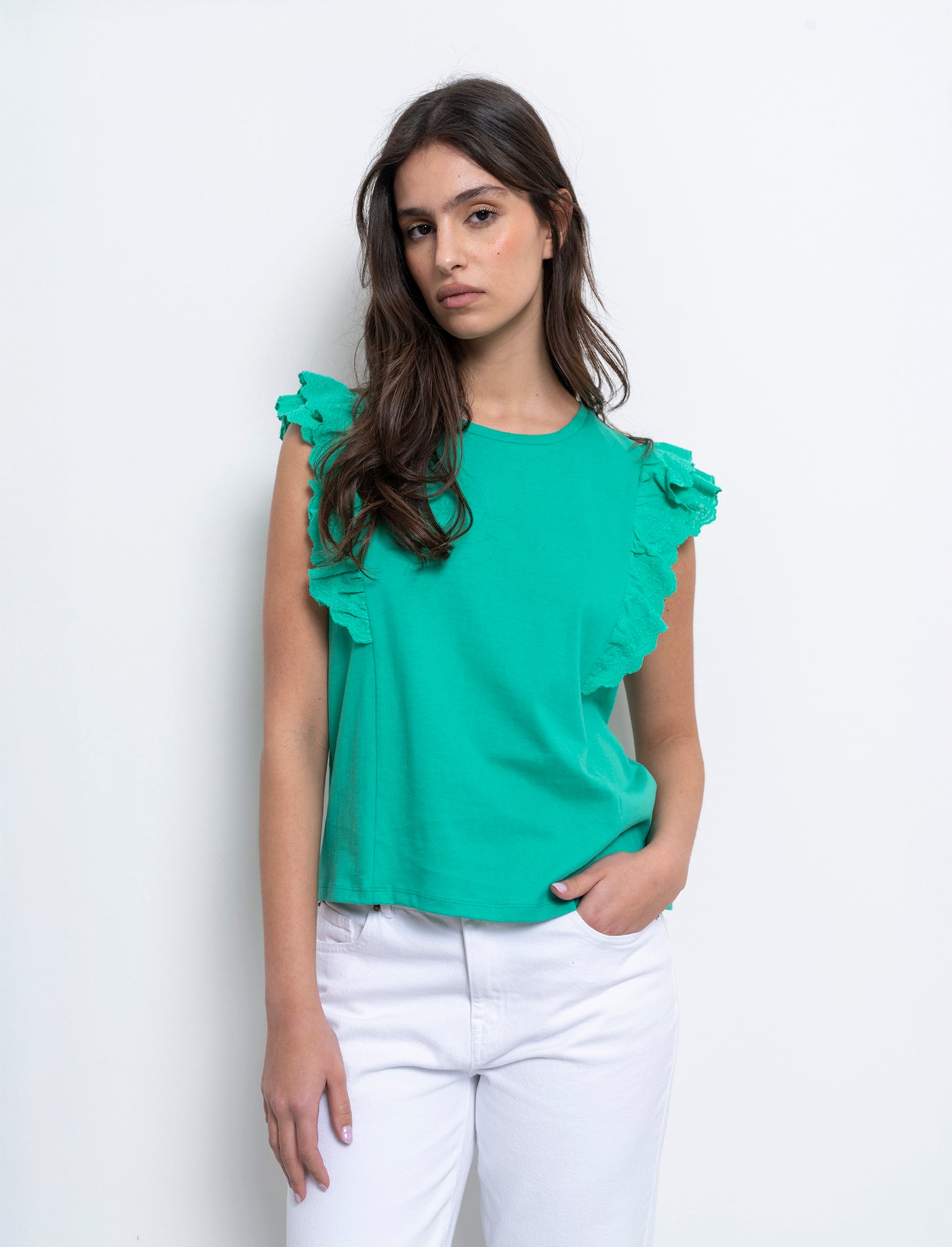 T-shirt con rouches da donna - Verde smeraldo