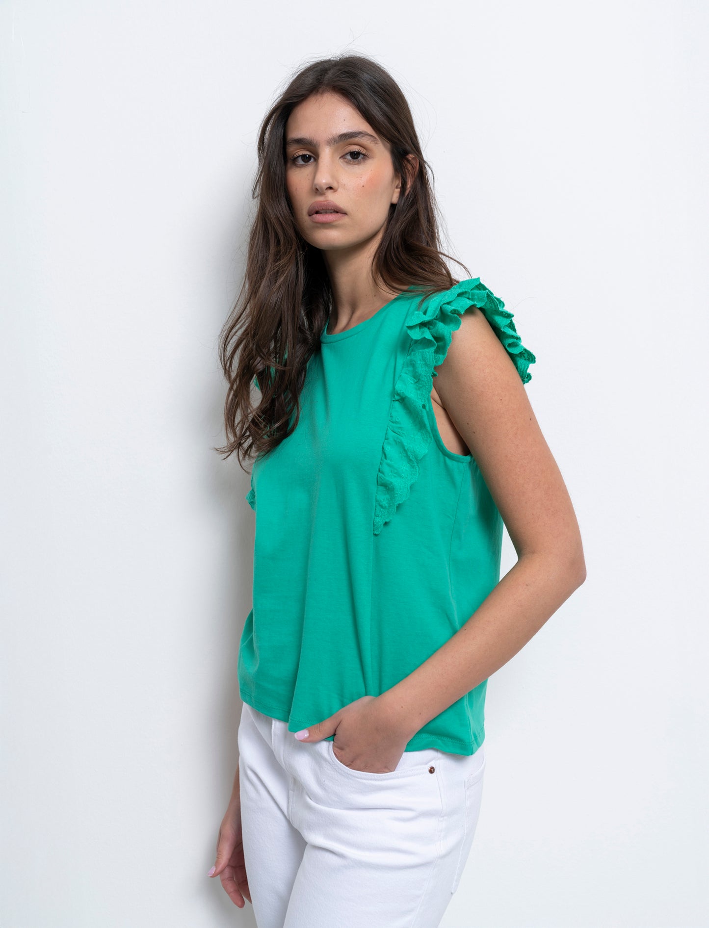 T-shirt con rouches da donna - Verde smeraldo