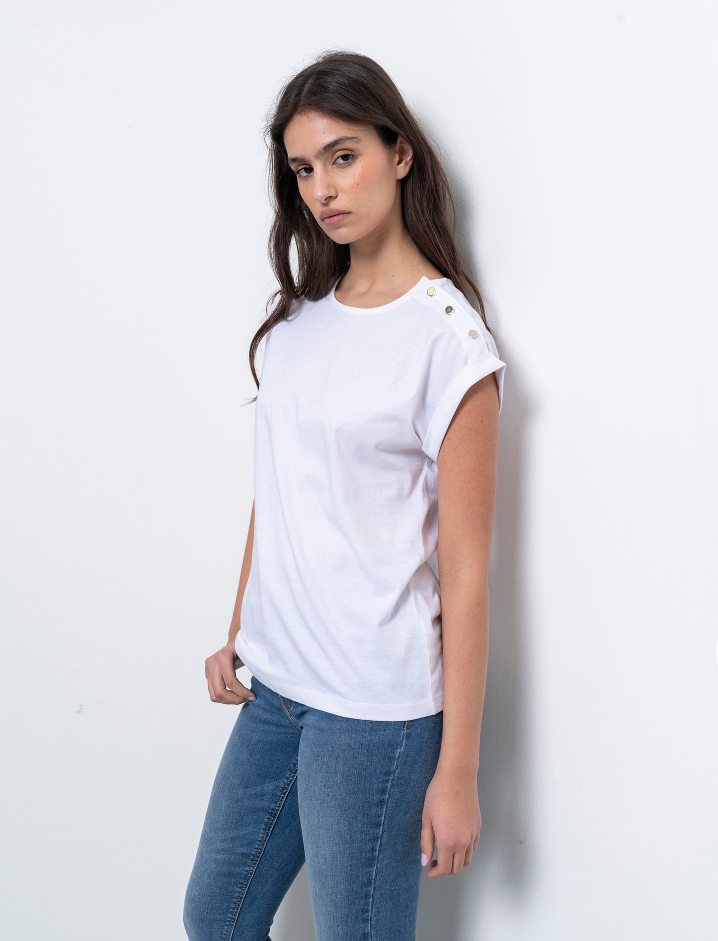 T-shirt con bottoni e asole da donna - Bianco