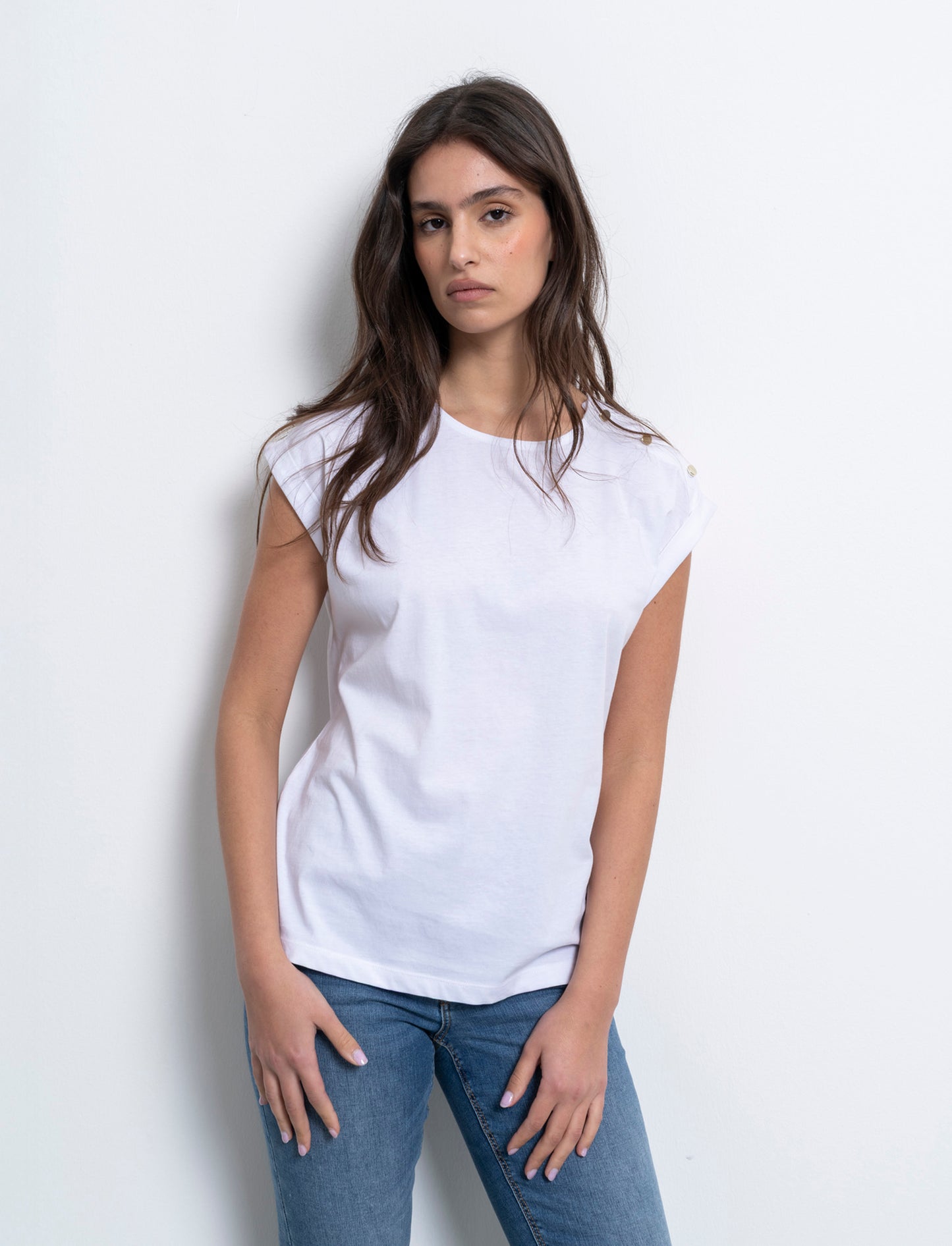 T-shirt con bottoni e asole da donna - Bianco