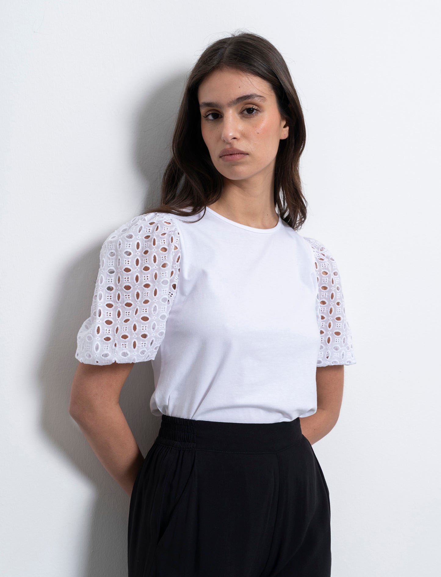 Woman's lace sleeve t-shirt for stylish looks - White