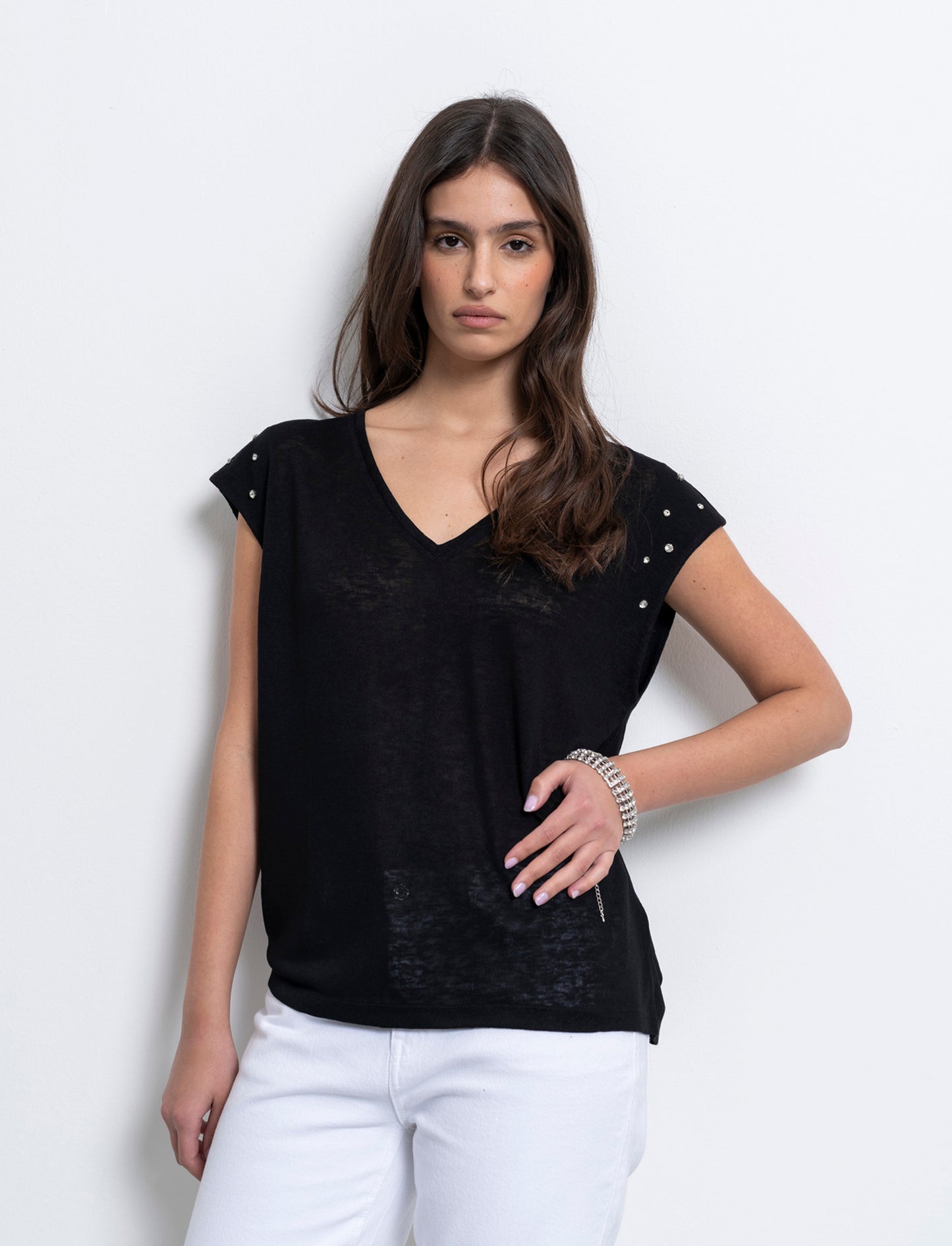 Woman's embellished t-shirt with unique designs - Black