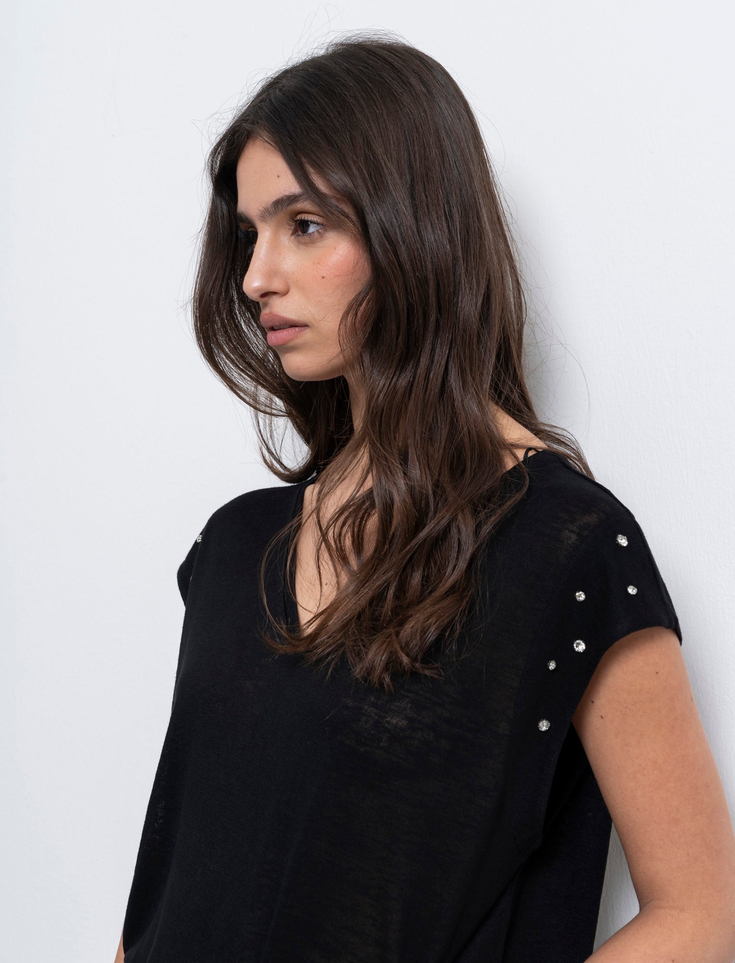 Woman's embellished t-shirt with unique designs - Black