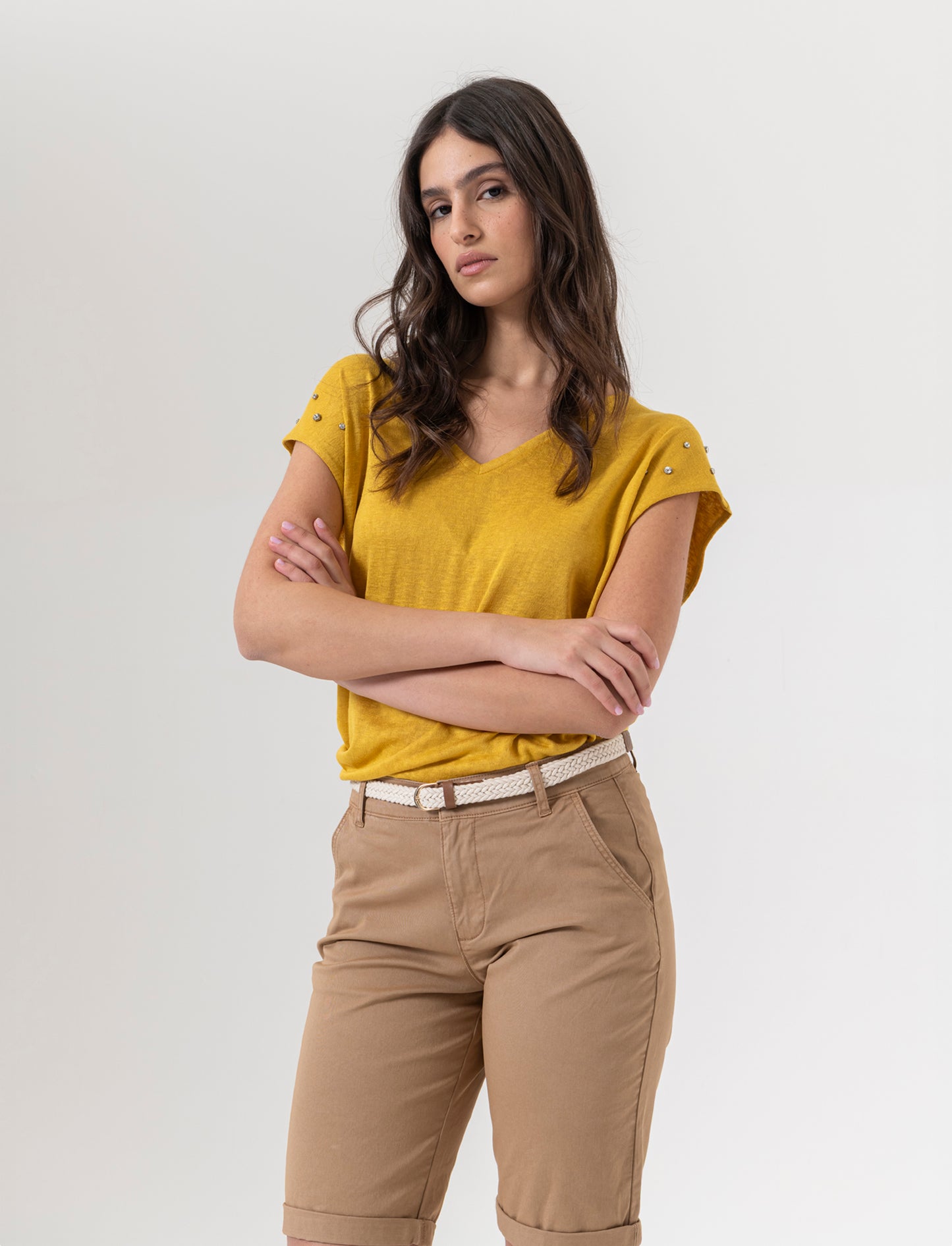 Woman's embellished t-shirt with unique designs - Yellow