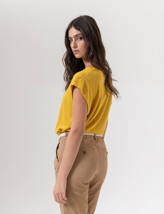 Woman's embellished t-shirt with unique designs - Yellow