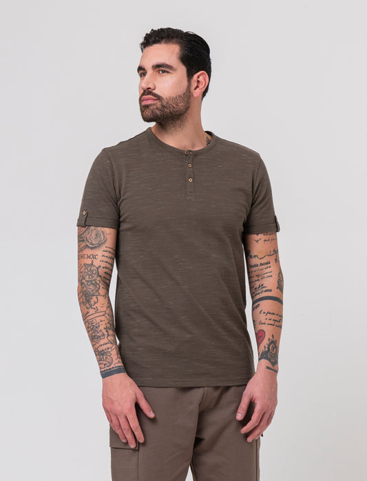 T-shirt serafino struttura slub injected da uomo - Verde kaki