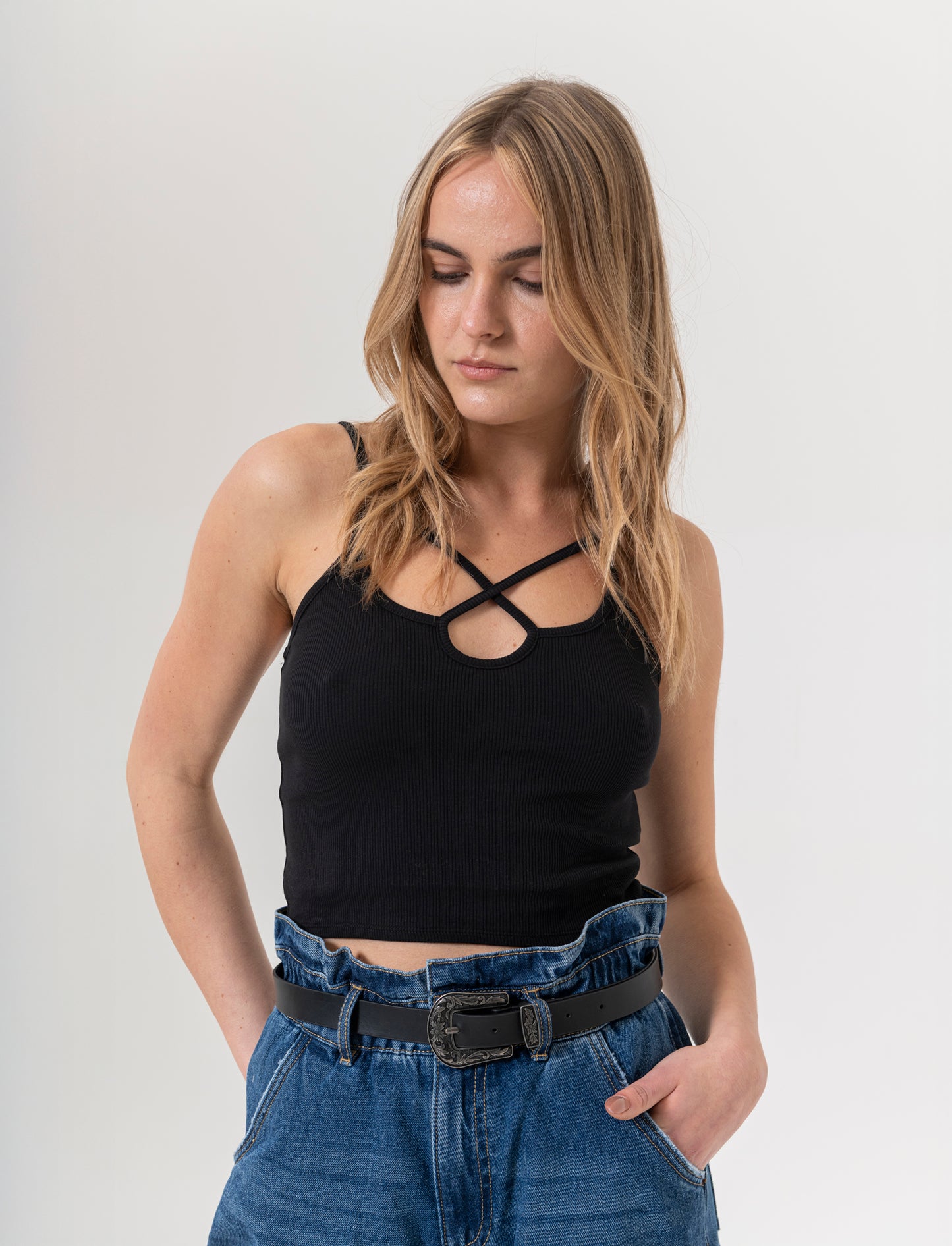 Top a costine da donna - Nero