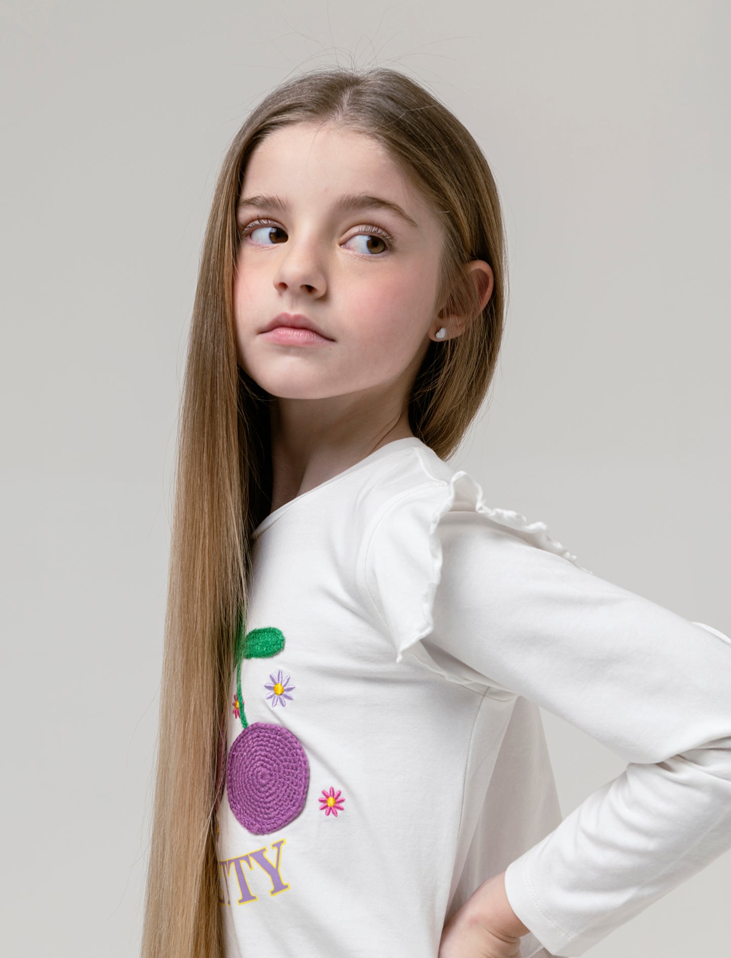 Maglietta manica lunga con applicazione da bambina - Bianco latte