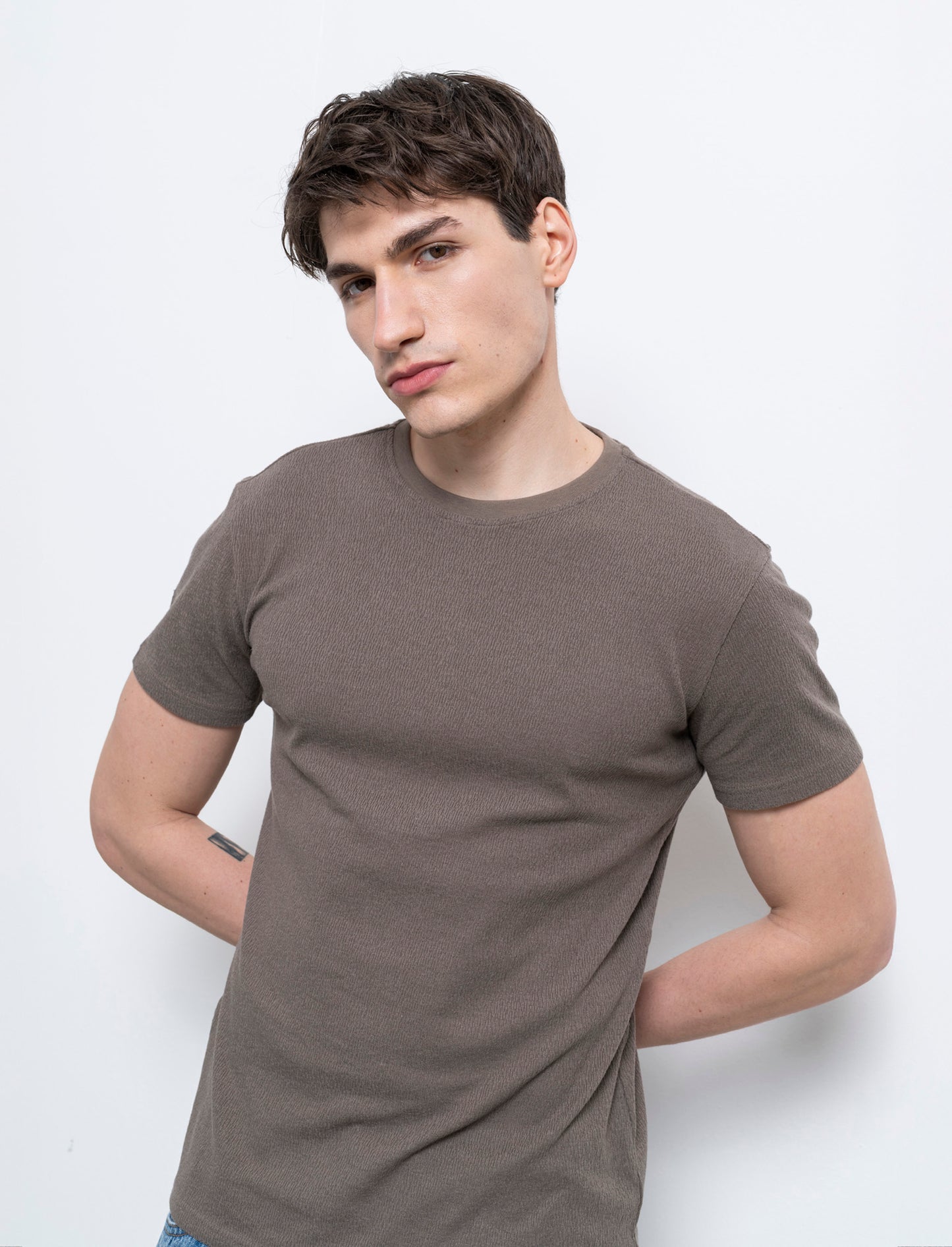 T-shirt girocollo struttura jacquard da uomo - Grigio fango