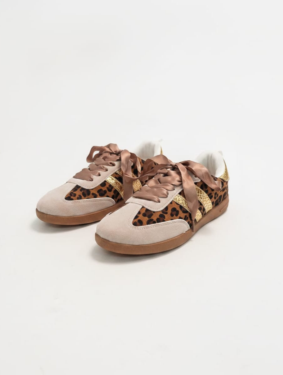 Beige and gold leopard print microfiber sneakers - Animalier
