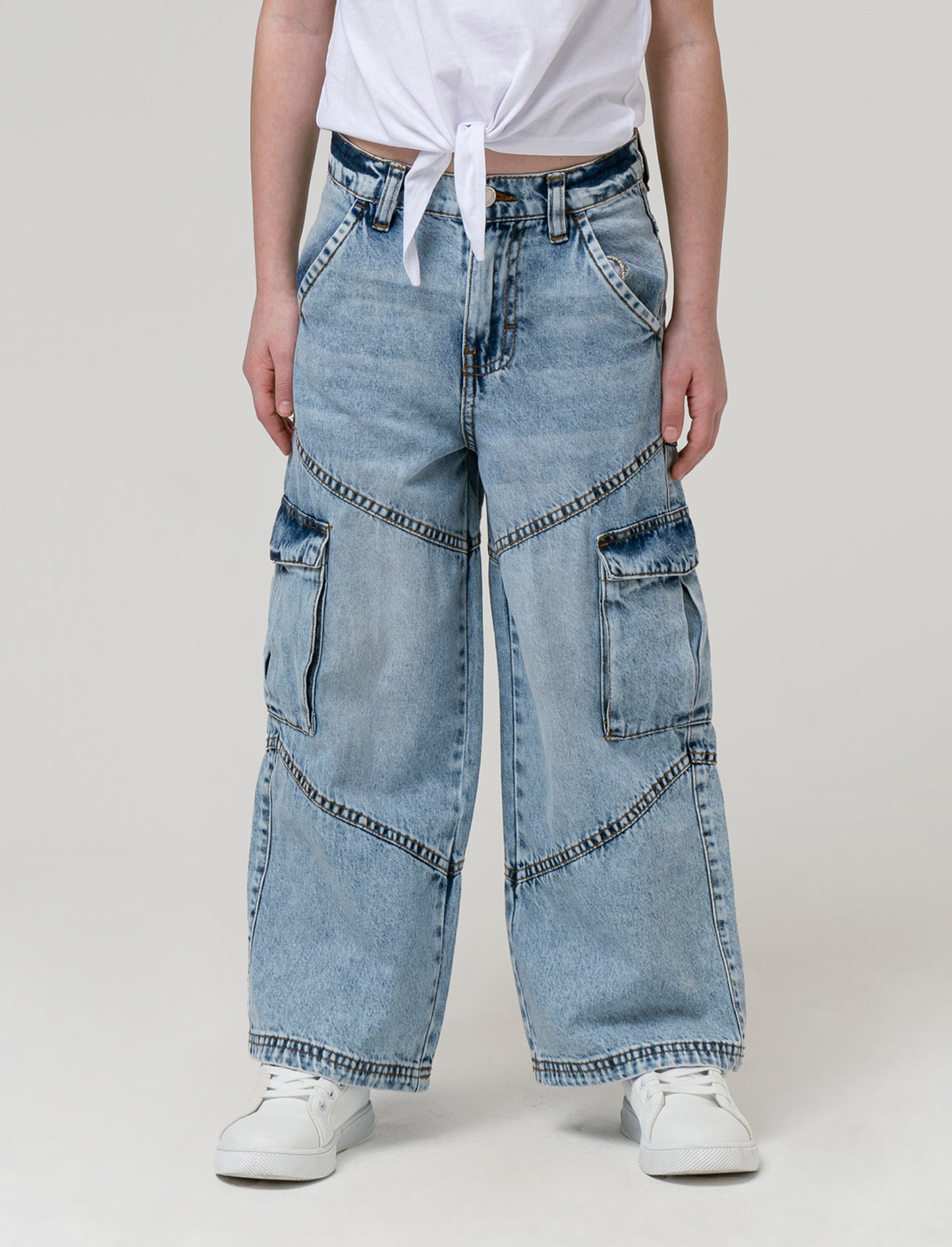 Jeans cargo a gamba larga da bambina - Denim