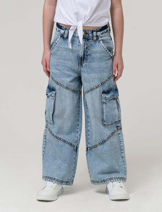 Jeans cargo a gamba larga da bambina - Denim