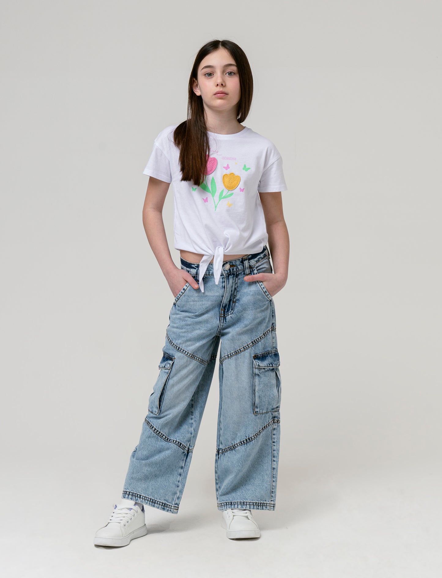 Jeans cargo a gamba larga da bambina - Denim