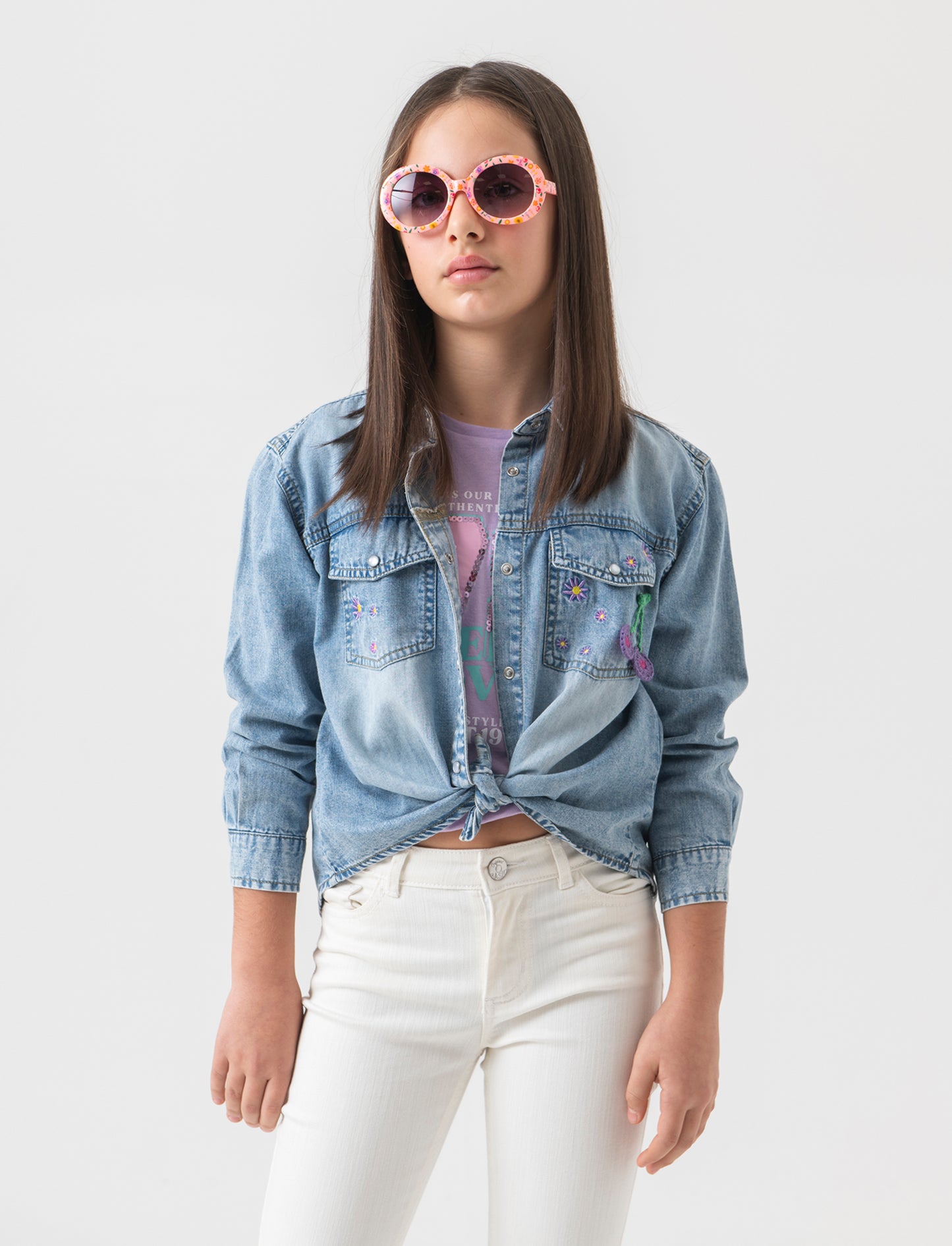 Camicia in denim con ricamo da bambina - Denim