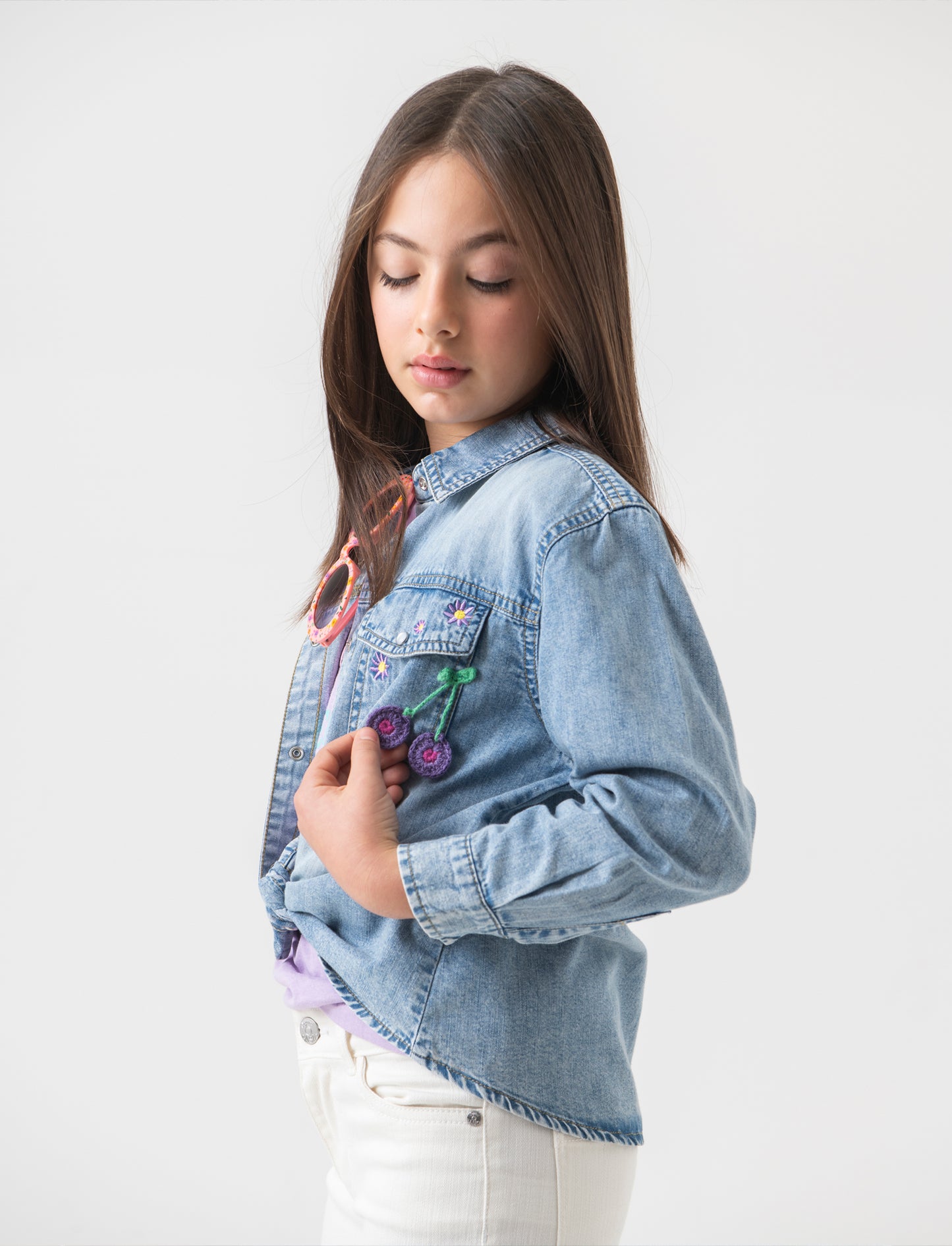 Camicia in denim con ricamo da bambina - Denim