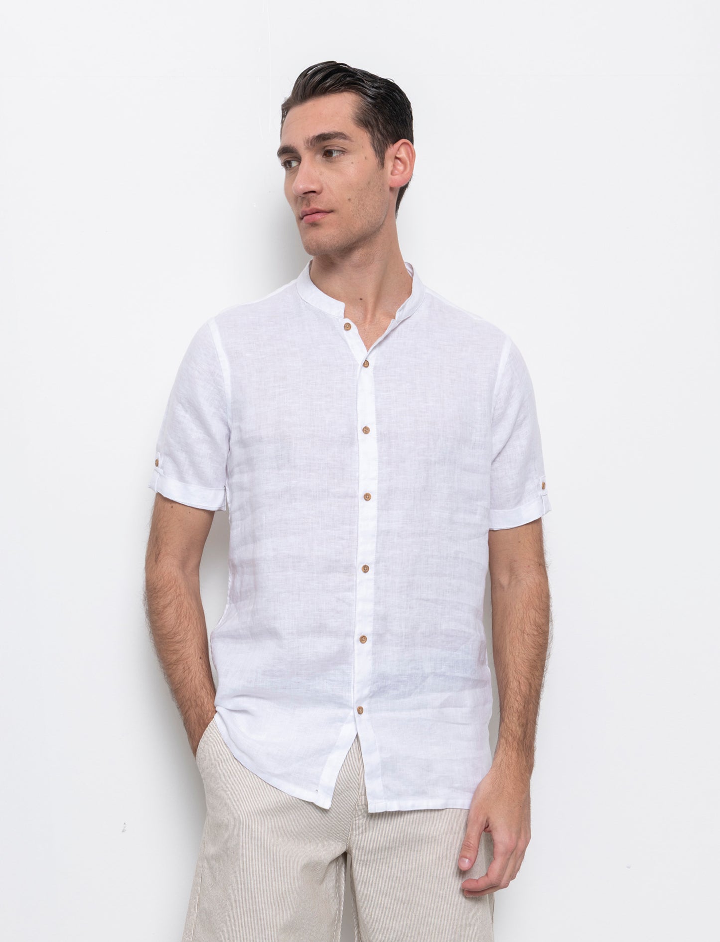 Camicia coreana manica corta 100% lino da uomo - Bianco