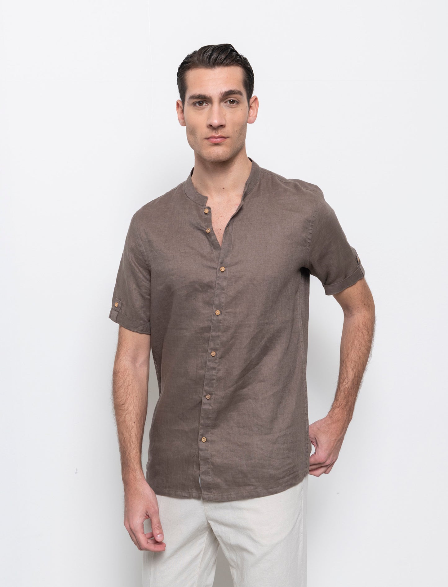 Camicia coreana manica corta 100% lino da uomo - Grigio fango