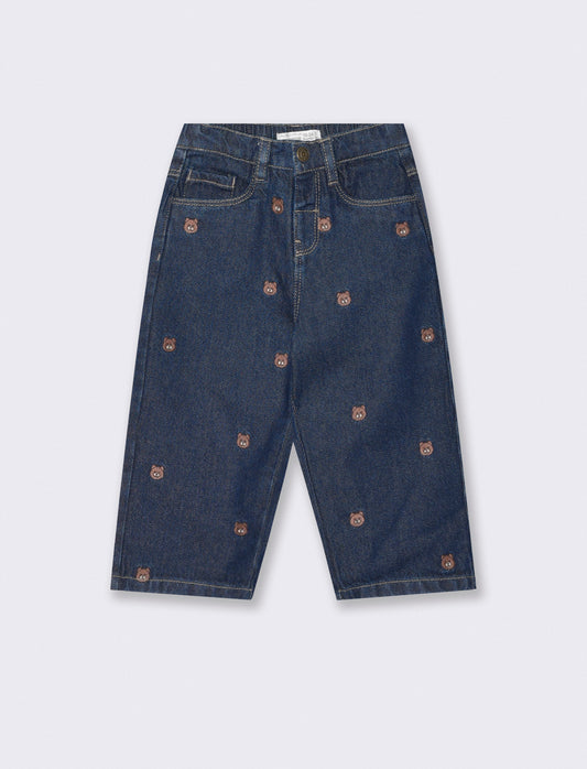 Jeans in denim con orsetti ricamati - Denim