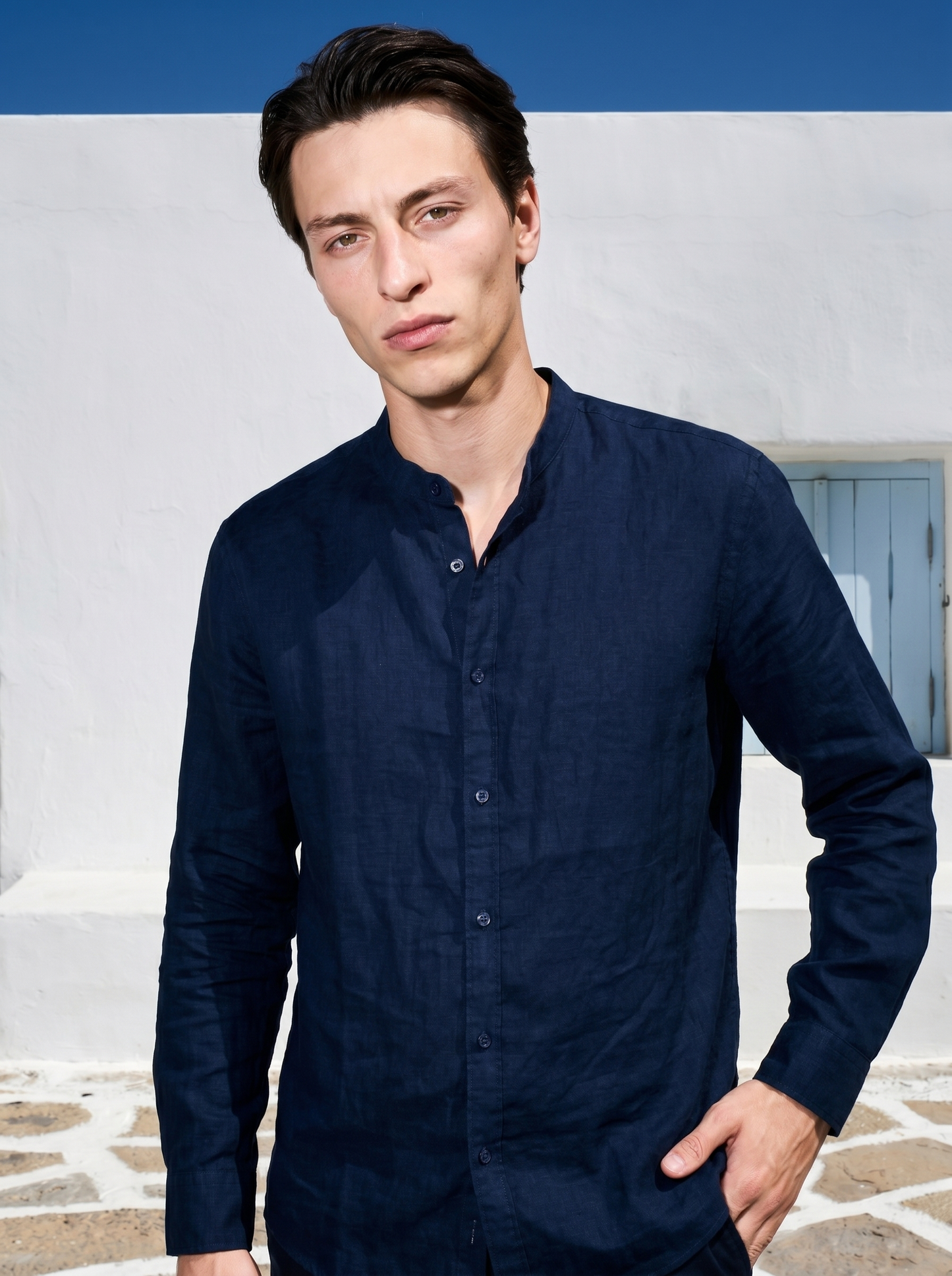 Camicia coreana 100% lino da uomo - Blu