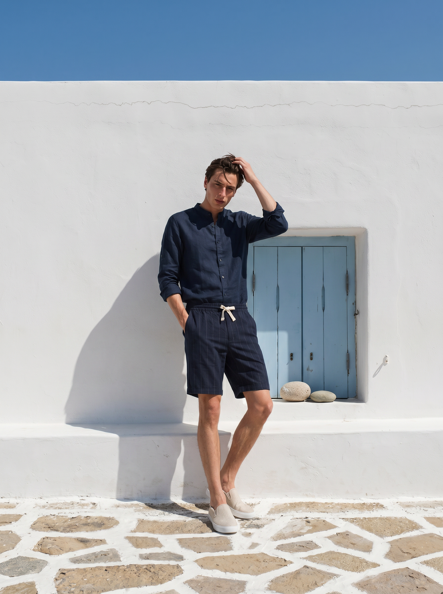 Camicia coreana 100% lino da uomo - Blu