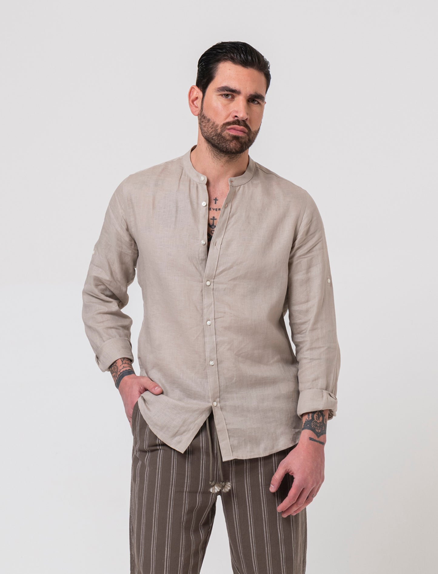 Camicia coreana 100% lino da uomo - Beige