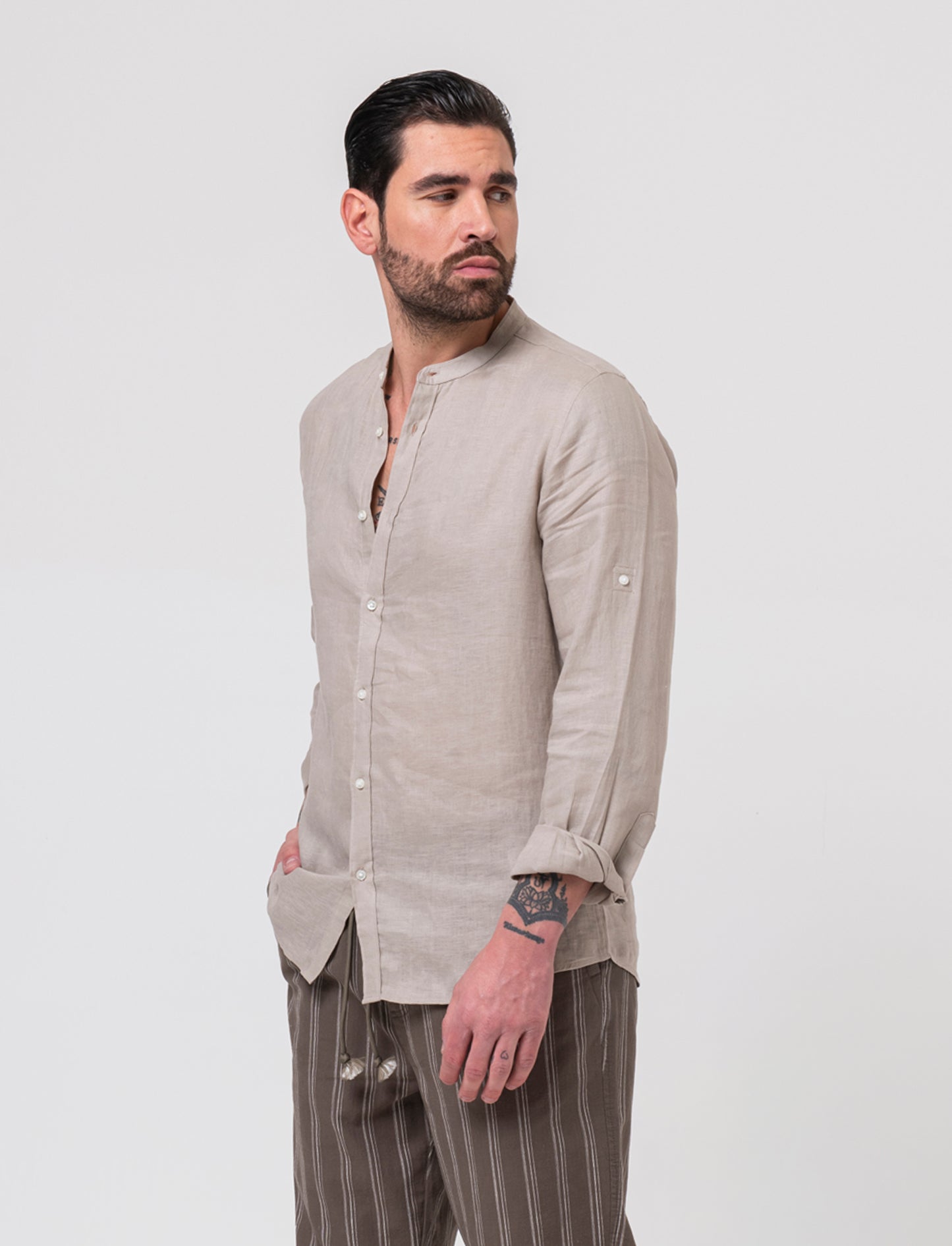 Camicia coreana 100% lino da uomo - Beige