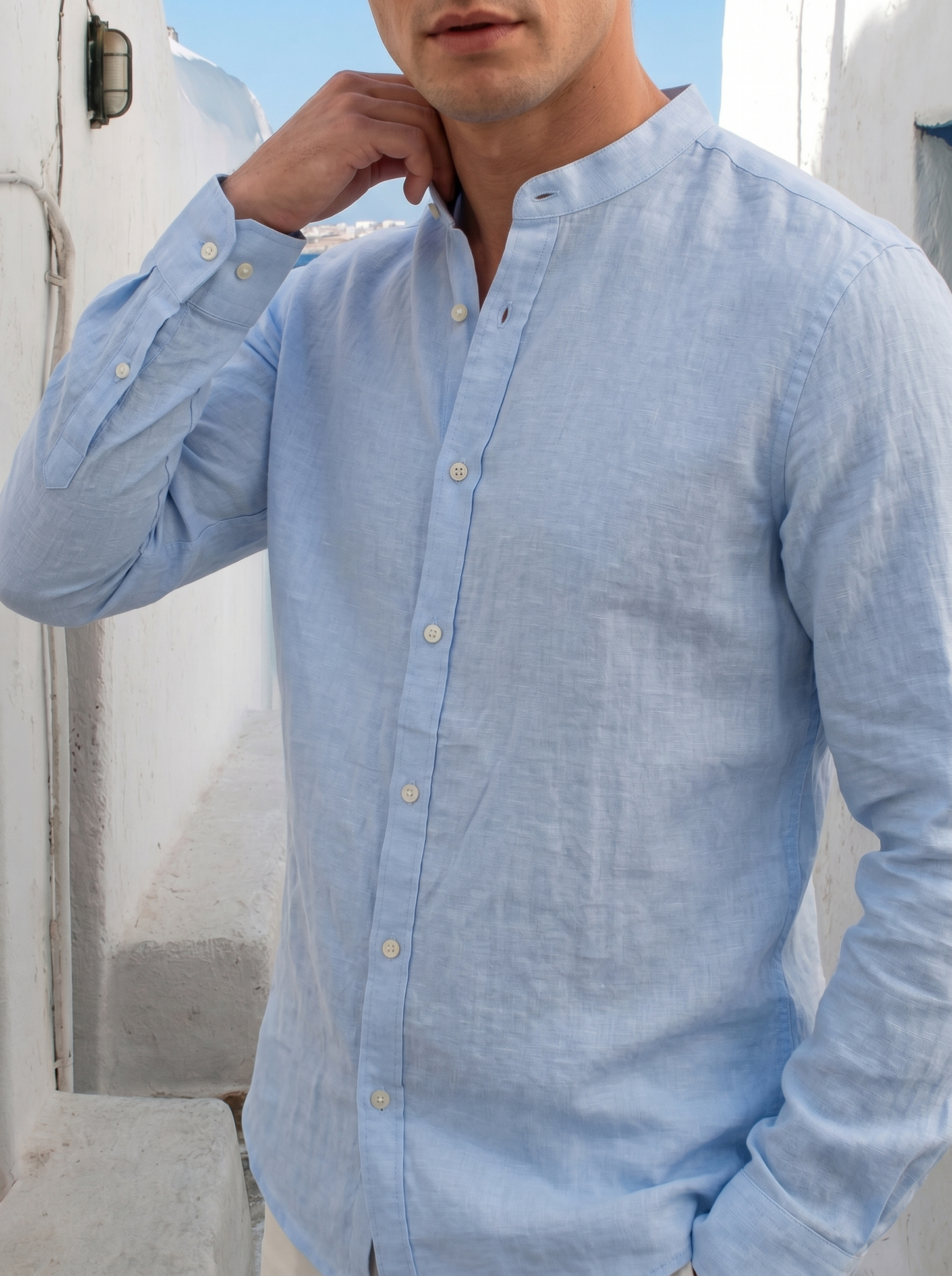 Man's 100% linen korean collar shirt - Sky blue